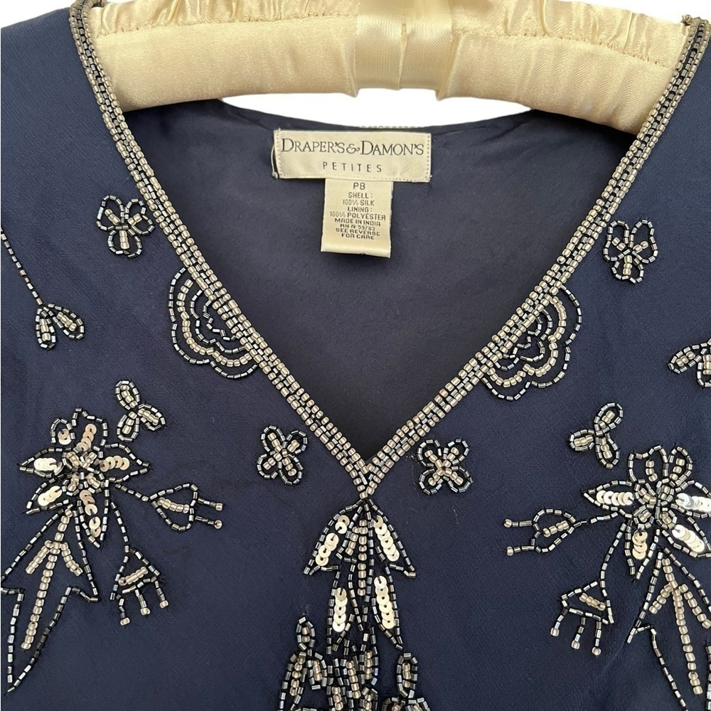 Draper’s & Damon’s Vintage Navy Blue Sheer Flowy Top Bell Sleeve Size Petite 8 - Picture 3 of 7
